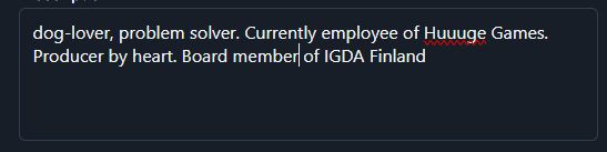 Kim is Changing their profile description title from Board member of IGDA Finland to Chairman of IGDA Finland 