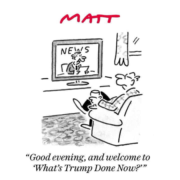 Man sitting watching the news on TV. Caption: “Good evening, and welcome to ‘What’s Trump Done Now?’”