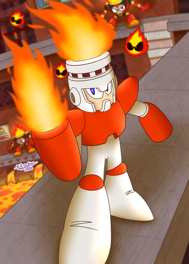 Fire Man standing fiercely in front of a fiery warehouse, with various robot enemies in the background.
