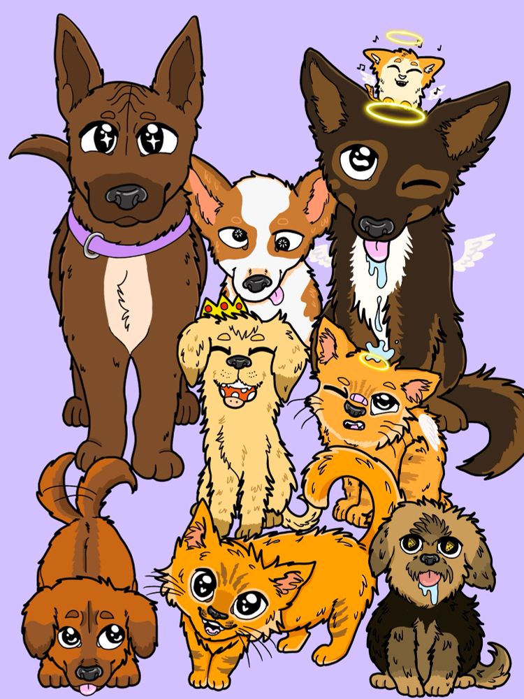 A collage of both my mom’s pets, brothers pets and mine and my wife’s doggos! List from left to right: Scooby, waffles, sage; Lincoln, Garfield; bean, dorito, and koda 