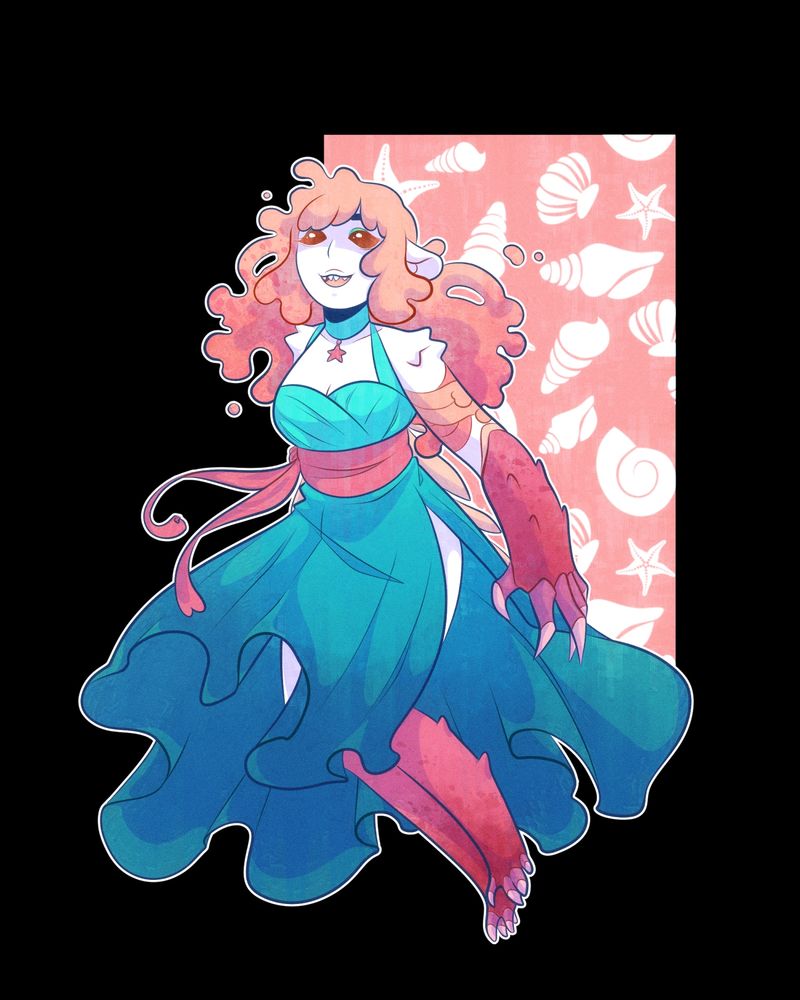 A woman wearing an aquamarine dress and has coral colored hair. She has chitin covered arms and legs, like a crustacean.