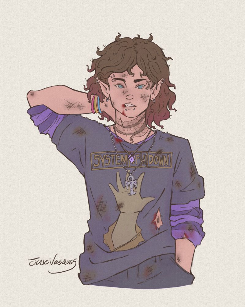 Arte digital de um vampiro cheio de hematomas, coçando a nuca com uma mão e com a outra no bolso, fazendo uma careta de dor. Ele é um rapaz branco, com cabelos ondulados acima dos ombros, castanhos e com mechas cor-de-rosa nas pontas; tem piercings na sobrancelha, queixo e orelhas, tem uma tatuagem de uma cobra enrolada no pescoço e com a cabeça perto do olho do vampiro, dando o bote; está usando um colar com uma pedra roxa e outro com uma cruz Ankh como pingente, veste uma camiseta da banda System Of A Down por cima de uma blusa listrada e usa três pulseiras nas cores da bandeira pansexual. Suas roupas estão sujas e rasgadas, como se ele tivesse se metido em uma briga.