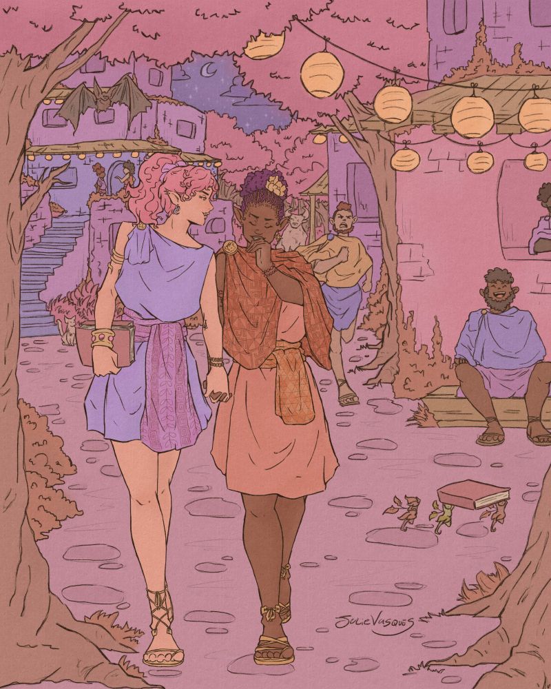 Arte digital de um casal de mulheres, uma bruxa e uma vampira, caminhando de mãos dadas em uma vila simples com aspecto de antiguidade. A vampira é uma mulher branca, mais alta do que a bruxa, e está se inclinando para cochichar algo; ela tem cabelos cor-de-rosa, presos em um rabo de cavalo com um laço roxo, usa uma toga lilás, com uma faixa cheia de grafismos gregos; está carregando dois livros em uma das mãos. A bruxa é uma mulher negra com cabelos roxos, trançados até o topo da cabeça, presos em um pompom decorado com uma flor amarela; ela usa uma toga laranja, com uma faixa cheia de triângulos e usa, sobre os ombros, uma manta com desenhos geométricos; ela está rindo de algo. No cenário há uma vila com casinhas muito simples, empilhadas e decoradas com lanterninhas amarelas penduradas nos telhados ou nas árvores. Há muita vegetação, animais, uma escada que leva para uma parte superior com mais casas e entre as árvores um céu estrelado com a lua e algumas nuvens. Há três pixies fugindo enquanto carregam um livro, atrás deles há um homem furioso correndo e gritando, enquanto em um banco há um homem rindo. Há uma morceguinha orelhuda voando sobre a cabeça da vampira.