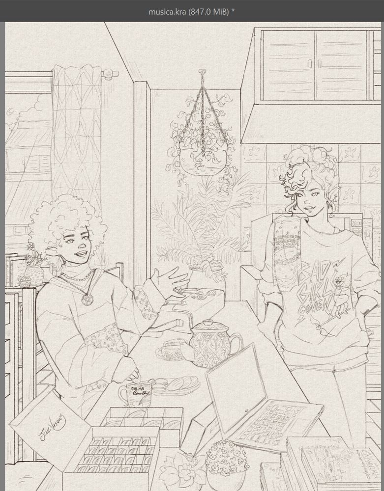 Esboço digital de duas mulheres papeando numa cozinha. Uma delas está sentada em uma bancada de cafe da manha, enquanto gesticula com uma mao e molha uma madalena no cha com a outra. A outra mulher está do outro lado da bancada, de pé, tem um pano de prato sobre o ombro. Há diversas coisas espalhadas pela bancada, como caixas de macaroon e madalenas