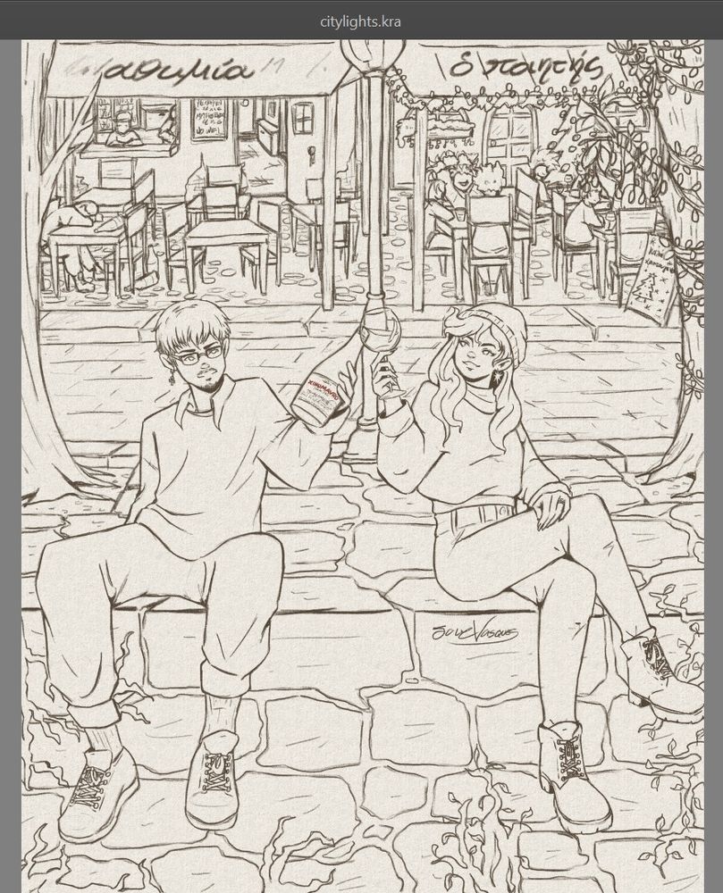 arte digital ainda sem pintura. um cara e uma mina sentados em uma orla brindando, ela com uma taça e ele com uma garrafa. atrás deles há um cenário dividido: do lado dela, um restaurante cheio de pessoas, todo decorado para o natal; no lado dele, um bar vazio e sem decoração com somente um cliente bebado cochilando em uma mesa