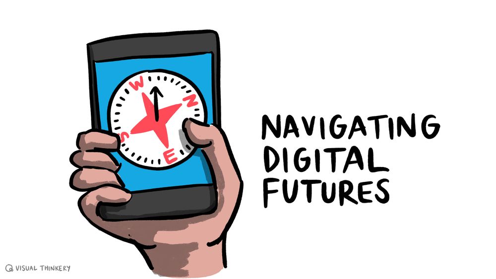 Navigating Digital Futures illustration of a phone in a person's hand with a compass on screen