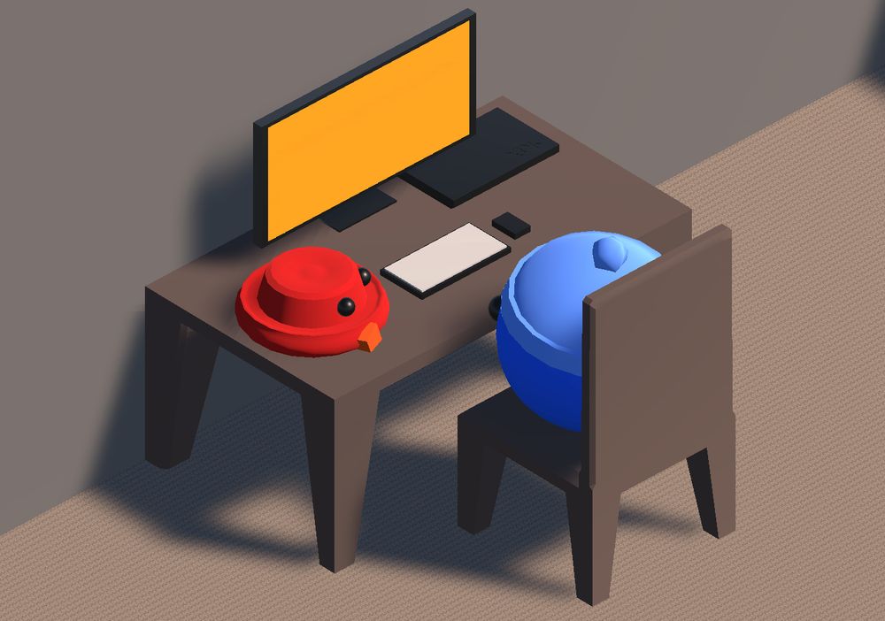 isometric image of a blob-person looking at a computer, a hat in the style of the b2studios fish.