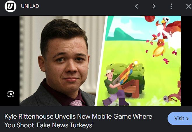 UNILAD article of Kyle Rittenhouse unveiling mobile game where you shoot turkeys representing fake news