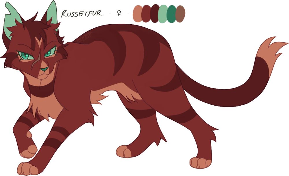 A red cat with light pinkish brown underbelly and darker red stripes, emerald green eyes, and a scar on my nose. A 2025 redraw of the warriors character,”Russetfur”.