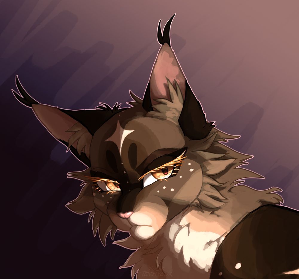 Bust shot of a feral cat OC. She’s got various shades of brown and cream fur, star shaped markings and freckles that resemble stars on dark fur. The harsh light is catching on her golden eyes and golden eyelashes, and she’s on a dull brownish-purple gradient background that gets darker where light isn’t hitting.