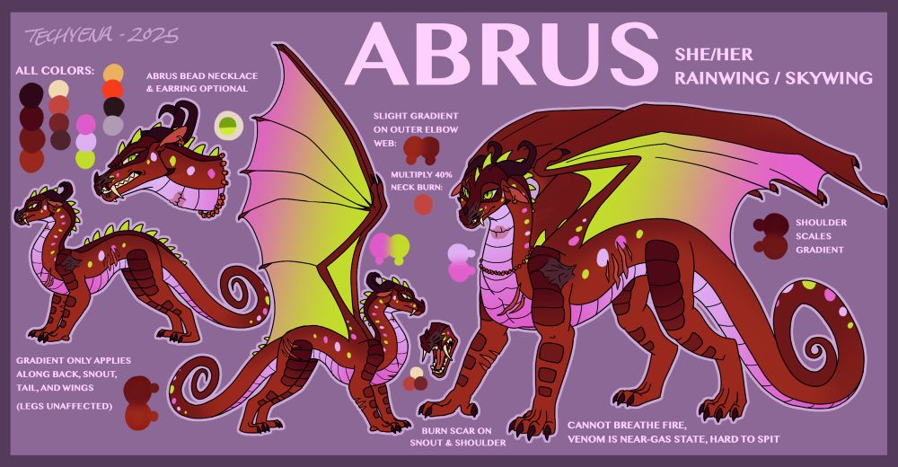 Reference sheet for a skywing/rainwing hybrid named “Abrus”. She has a cold expression, and is snarling in one headshot. She has a main fullbody, and 2 smaller fullbodies that show with and without wings and the scars that are asymmetrical on her body. Her entire body is a rusty reddish-orange. Her design is different where I have eliminated the dark desaturated pink that used to be in her belly and wings and replaced it with the light pink and dark pink that are used for her alternating spots. Her wing gradient is inverted from the original, with pink on the tips and lime green base. Her eyes are now lime green instead of pink.