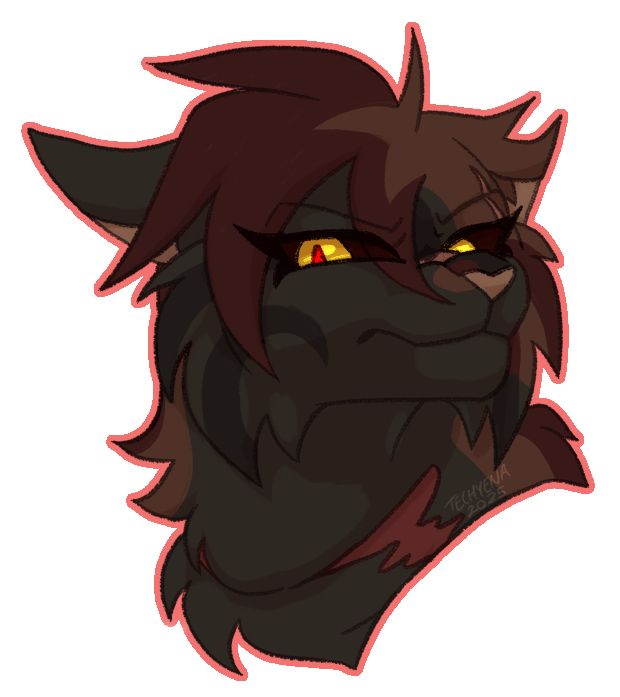 An almost-black cat with darker black stripes and reddish brown patches side-eyes the viewer. Her lip is upturned and she’s glaring. Her eyes are yellow, with red pupils and black sclera. She has a scar over her eye, nose, a torn ear, and a large bite scar on her neck that’s fresher than the others, her death wound.