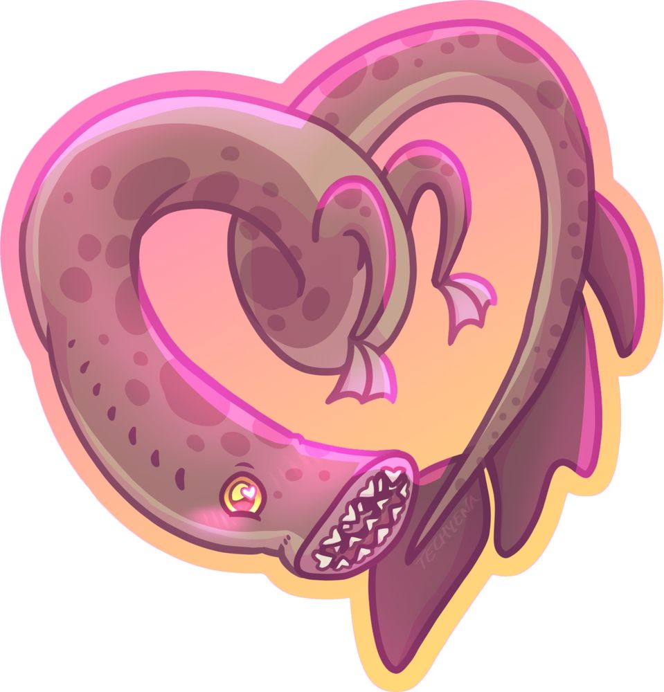 A brown spotted lamprey with hearts in his eyes curled into a heart shape. He has two legs with 3-toed webbed feet, yellow eyes, and 3 tail fins. His tooth-filled mouth is visible and he’s blushing. This is designed to be a sticker, so is transparent with an orangey-pink to yellow gradient outline.