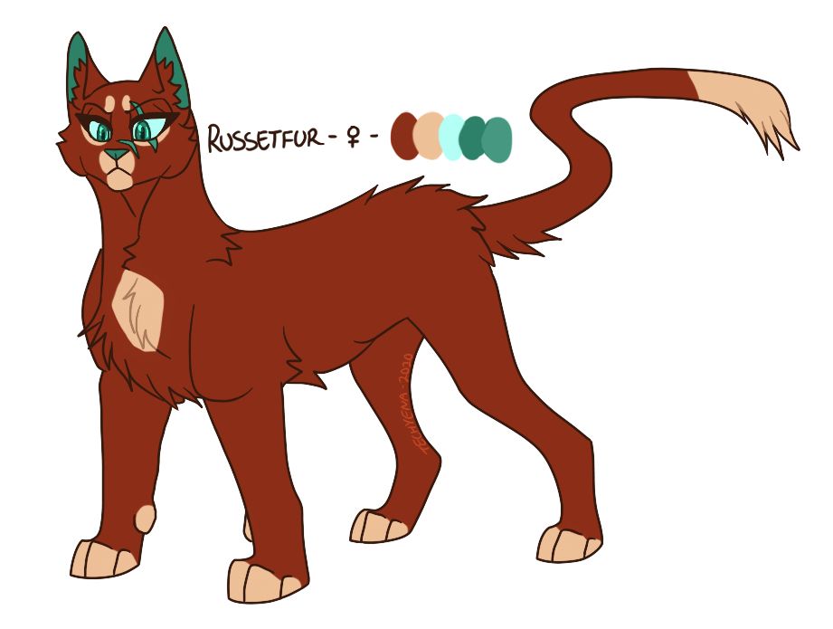 A solid Orange-red cat with tan toes, tail tip, chest, and muzzle. Emerald green eyes and two scars on her face. A drawing from 2020 of the warriors character, “Russetfur”.