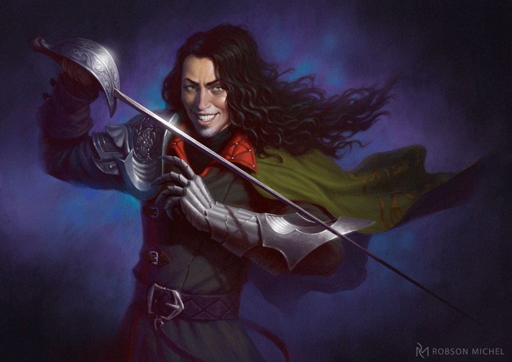 Sir Julien Davinos, character from Critical Role Campaign 4. He has a devious smile while holding his sword ready to fight.