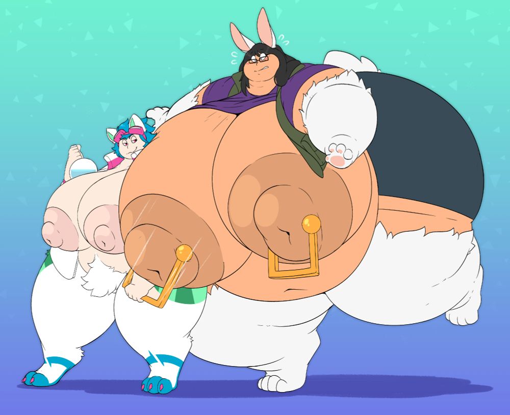 Pair of demihumans; one a hyena and the other a rabbit with sizable breasts, but the rabbit demihuman has been souped-up in size in comparison with doorknocker piercings adorning his nipples. The hyena demihuman is yanking on one of the doorknocker piercings of his friend whilst holding a potion in his other hand.