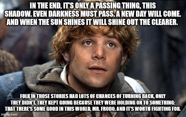 
"In the end, it's only a passing thing, this shadow. Even darkness must pass. A new day will come. And when the sun shines it will shine all the clearer. Folk in those stories had lots of chances of turning back, only they didn't. They kept going because they were holding on to something. That there's some good in the world, Mr. Frodo. And it's worth fighting for."
— Samwise Gamgee