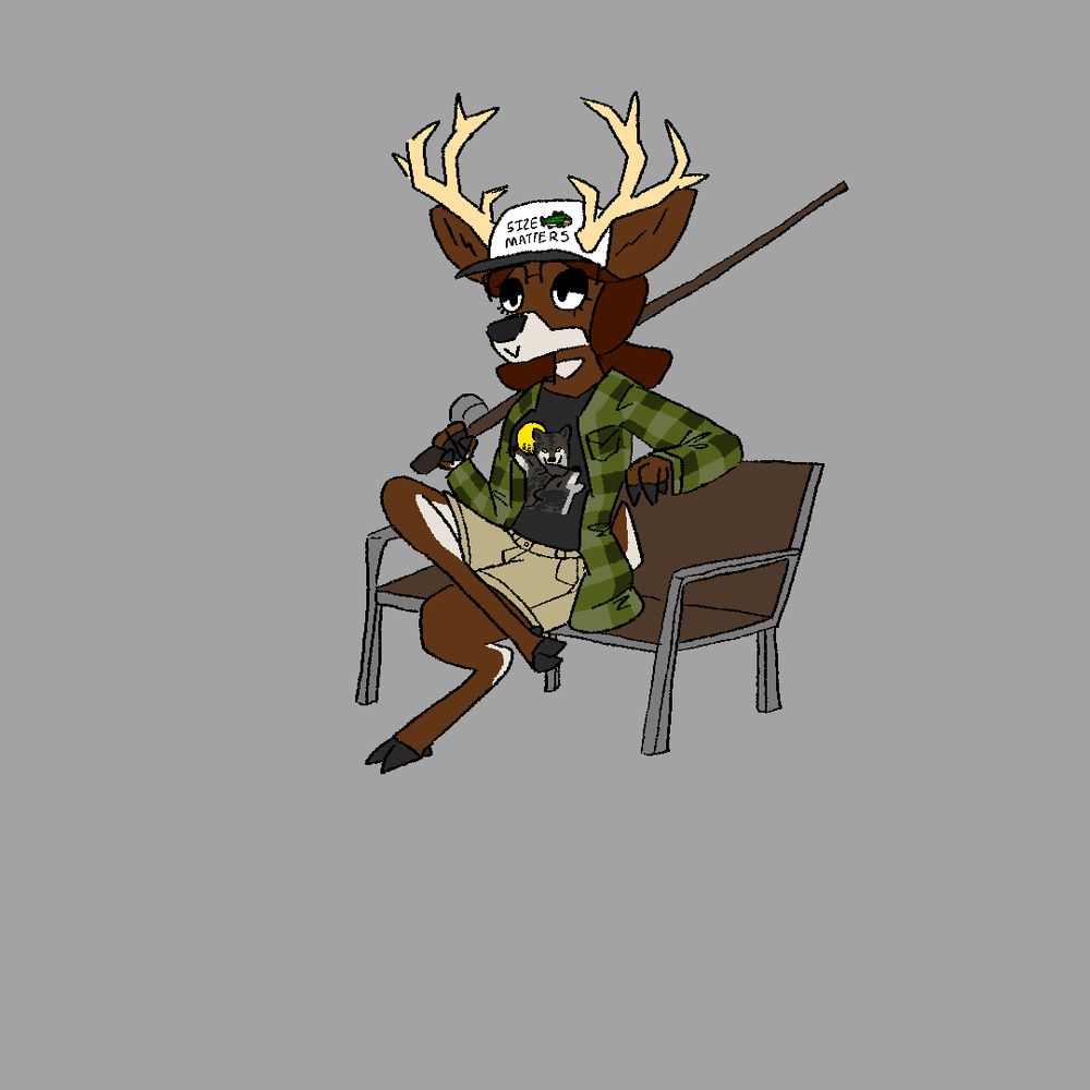 Deergirl fursona sitting on a bench with the 3 wolves shirt, a green flannel coat, khaki shorts, antlers, a fishing rod, and a hat that has a picture of a fish on it and the text “Size Matters”.