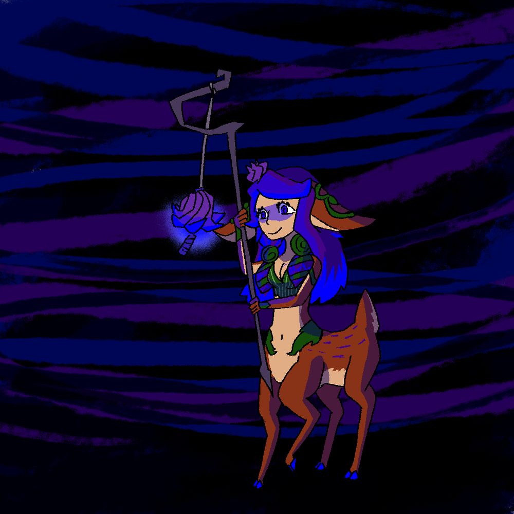 Lillia from League of Legends; a purple-haired deer centaur girl with staff that has a glowing flower hanging from it.