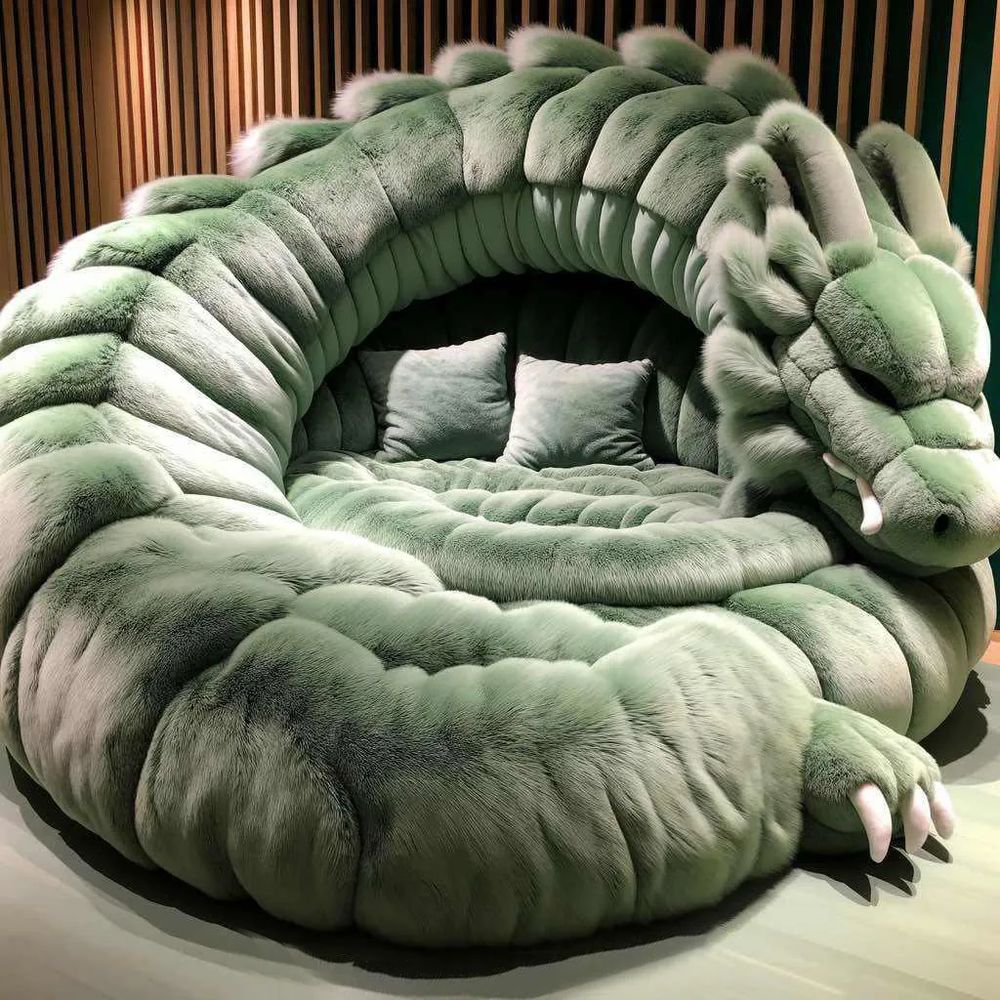 A round, pale green sofa in the shape of a curled up sleeping dragon, the neck and head form a sort of bower over the seats