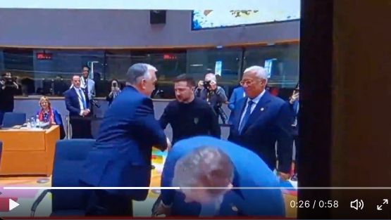 Hungary's Orbán shaking hands with Zelensky at meeting in the EU.