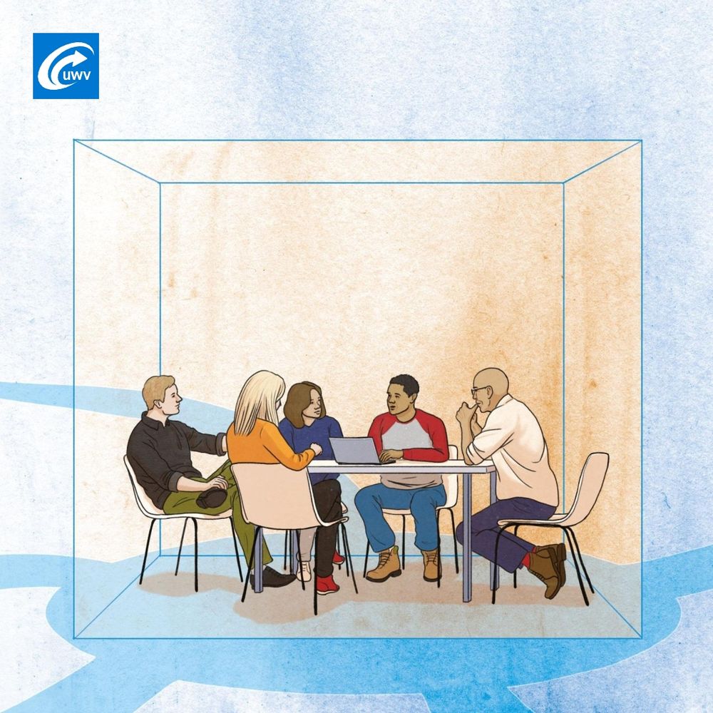 Illustratie met daarop het beeld van 5 mensen die vergaderen aan een tafel.