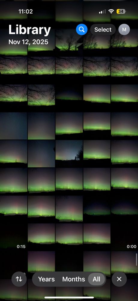 Screenshot of aurora borealis thumbnails in my photo gallery - these are all mostly green