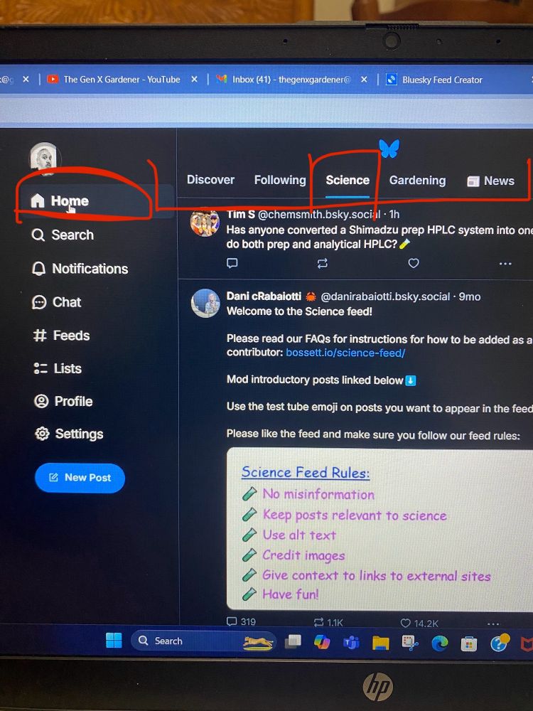 A screen shot showing the Bluesky home page for a user to show how to access feeds. 
