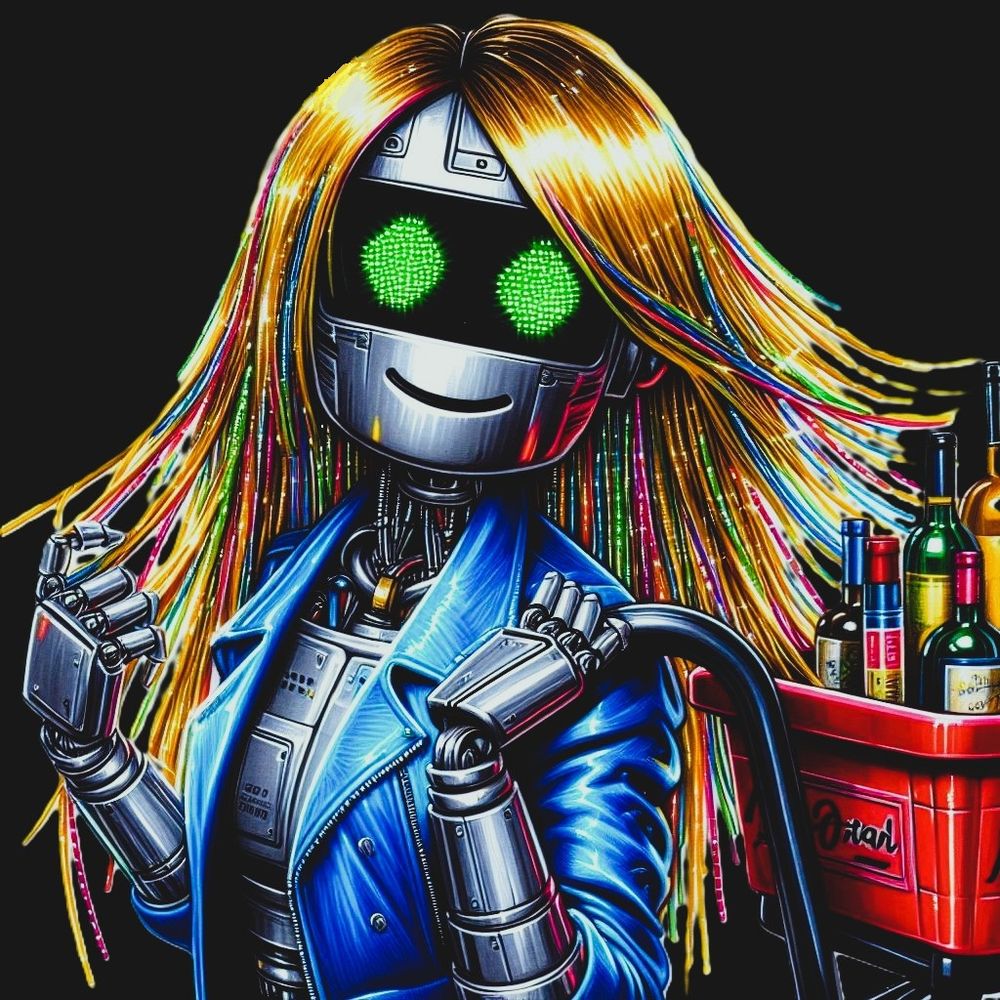 Who ME!?!
(Bad Robot Linda swipes a wagon full of wine)
watercolor marker and metallic inks on black matte.
© B. Pickett, 2025