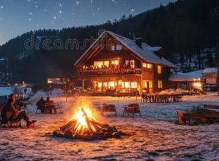 A nice bonfire to keep away the chill;
A cozy cabin in the lee of the hill.
We come together to share some fun,
Before saying goodnight when the day is done. 