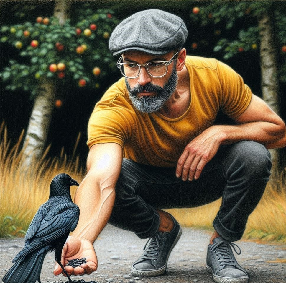 I always take a few sunflower seeds for the avian friends I encounter on my daily walk. I had done a sketch and fed it through one of the new AI emulators. This is actually pretty close to what I did and what I look like. I got a laugh at the apples growing on a paper birch tree, though.