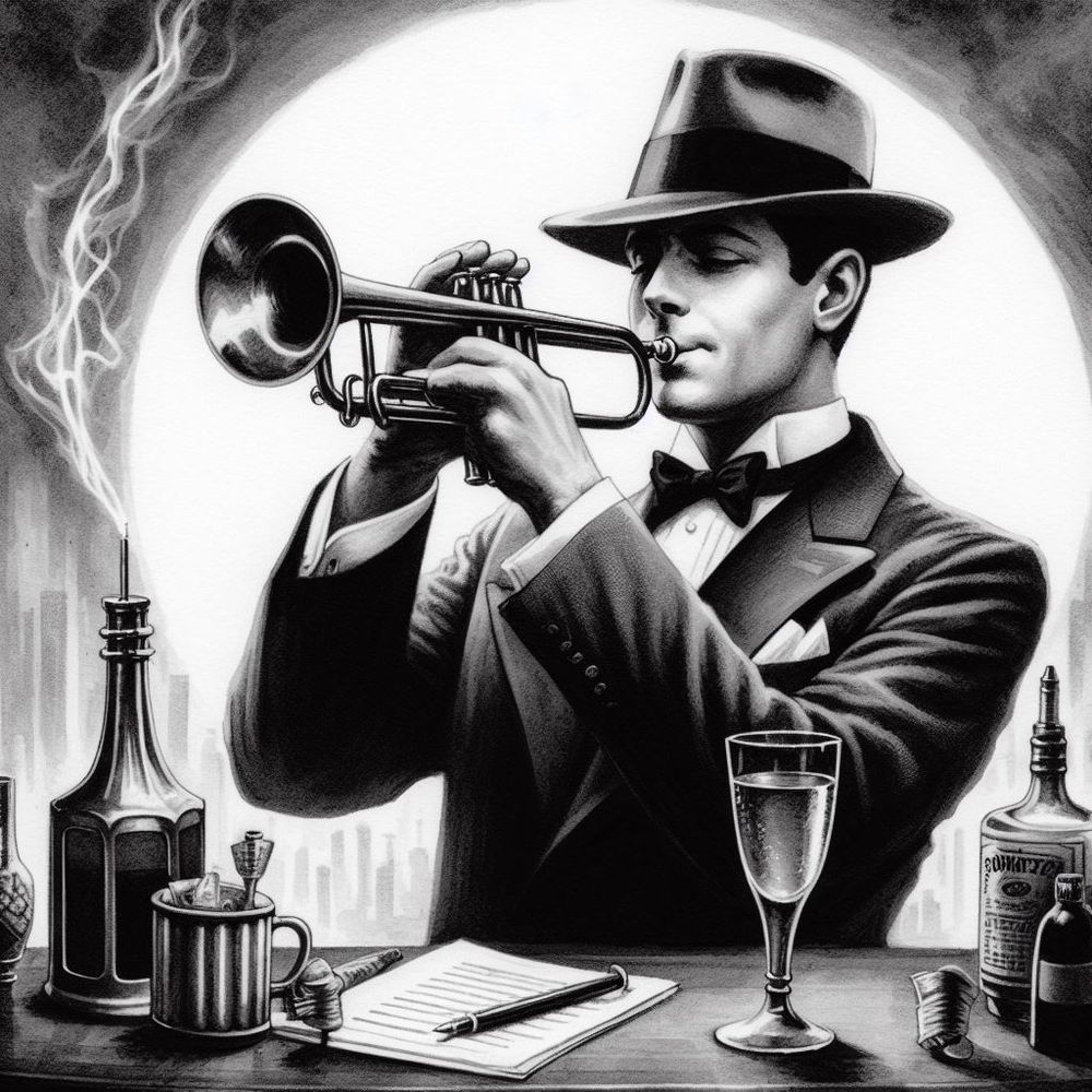 Composing In the Night
(pencil and inkbrush on whiteboard, finished in Freehand 5)
(c) B. Pickett, 1998