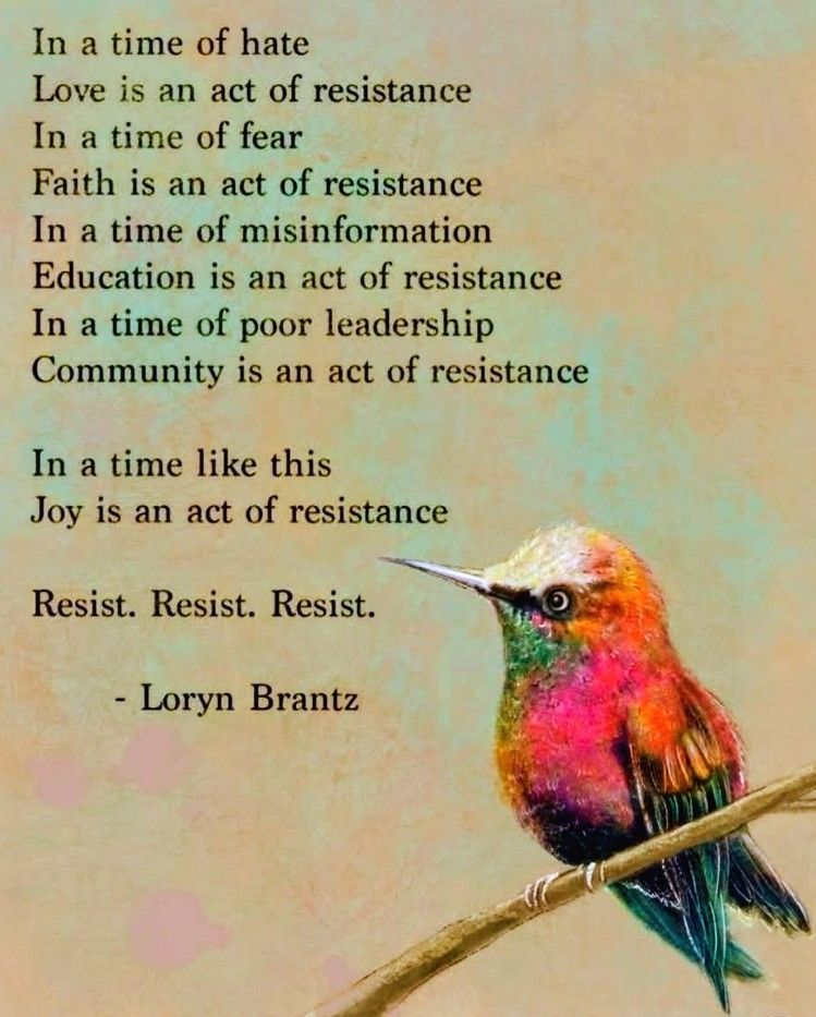 In a time of hate Love is an act of resistance In a time of fear Faith is an act of resistance In a time of misinformation Education is an act of resistance In a time of poor leadership Community is an act of resistance In a time like this Joy is an act of resistance Resist. Resist! RESIST!!! ~ Loryn Brantz