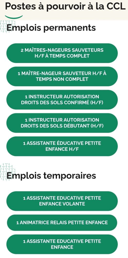 Emplois permanents
2 Maîtres-Nageurs Sauveteurs H/F à temps complet
1 Maître-Nageur Sauveteur H/F à temps non complet
1 Instructeur Autorisation Droits des Sols confirmé (H/F)
1 Instructeur Autorisation Droits des Sols débutant (H/F)
1 Assistante éducative petite enfance h/f
Emplois temporaires
1 Assistante Educative Petite Enfance Volante
1 Animatrice Relais Petite Enfance
1 Assistante Educative Petite Enfance