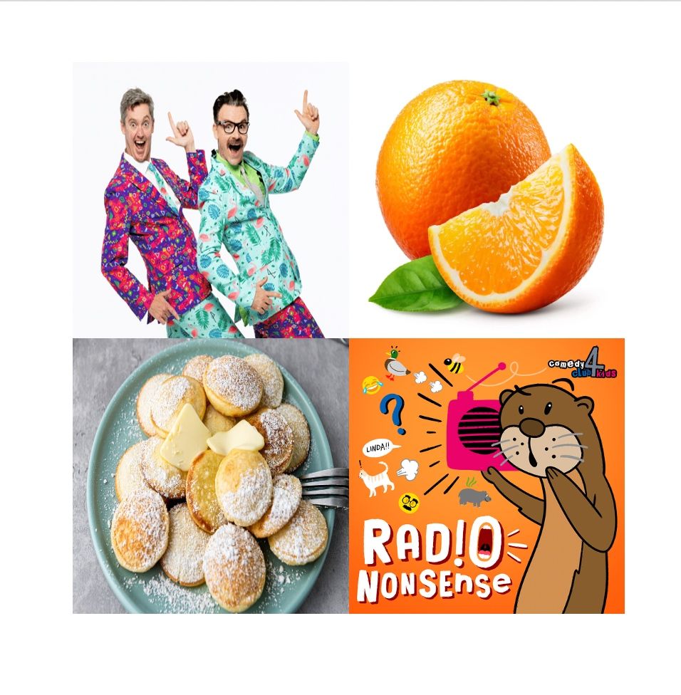 Clockwise from top left: The Listies, oranges, Radio Nonsense logo, poffertjes! 