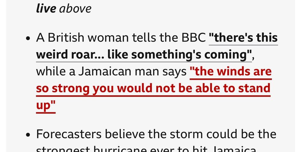 A British woman tells the BBC "there's this weird roar... like something's coming", while a Jamaican man says "the winds are so strong you would not be able to stand up"