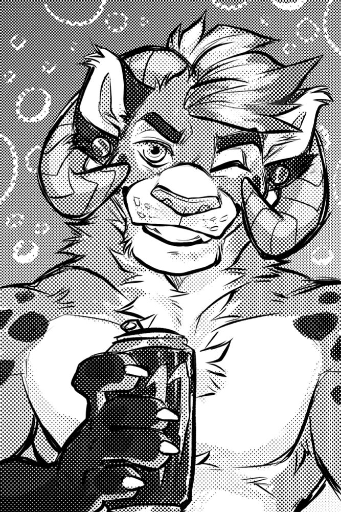 Ram hyena hybrid anthro winking at the perspective while holding a Monster energy drink can.