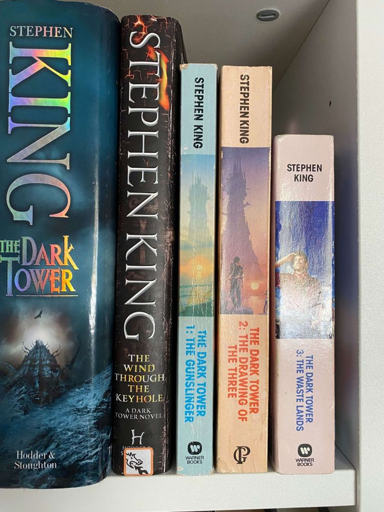 Some Stephen King Dark Tower books standing on a shelf. There are three DT paperbacks and the third one is shorter than the other two. It is the worst thing to ever happen to me.