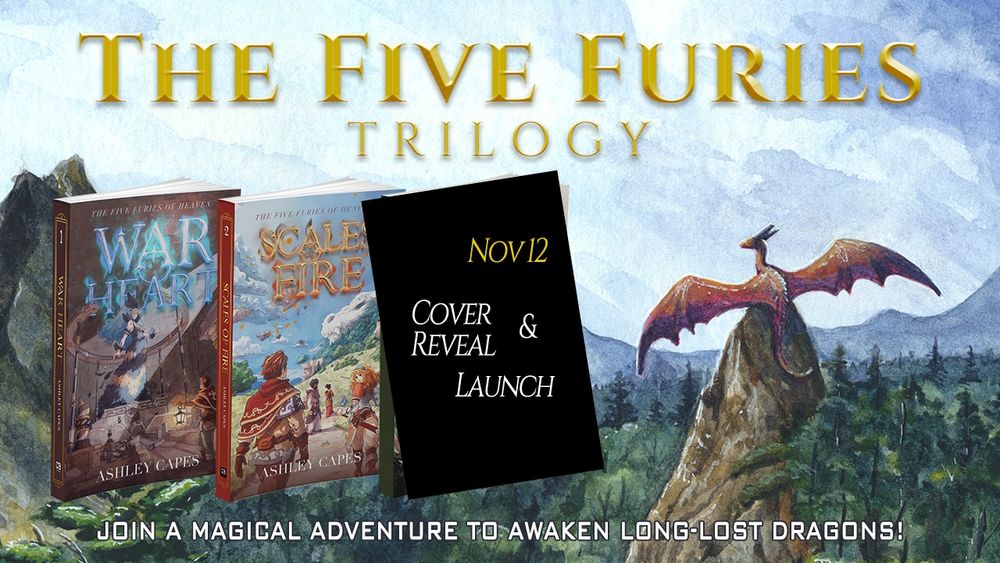 A red dragon is perched on a mountain top with wings outstretched, looking out across a green forest beneath a sky of blue and grey clouds. 

Three 3D paperback book mock-ups are arranged across the banner, with the following text:

"The Five Furies Trilogy" and "Join a magical adventure of awaken long-lost dragons"