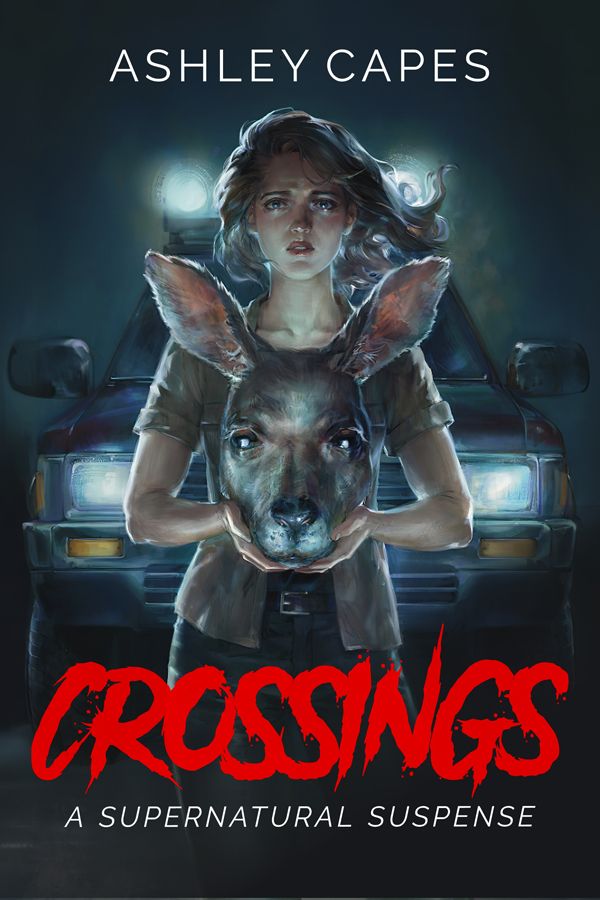 eBook cover for "Crossings" by Ashley Capes. 

In darkness, a young woman stands before headlights of a ute. She's wearing a shirt and jeans and a troubled expression, but the main focus of the image is the kangaroo head she holds.
