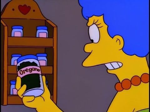 Marge Simpson encounters a spice rack, and has no idea what "oregano" is