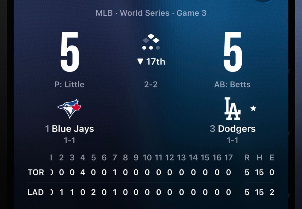 Screenshot of the Apple sports app box score for Game 3 of rhe 2025 World Series where the 1st inning score can no longer be displayed because of how many innings the game has been played. (17 at time of screenshot.)