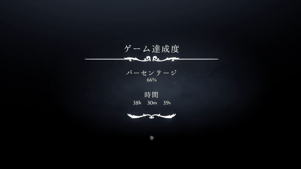 A screenshot of Hollow Knight: Silksong's completion screen, in japanese. "66 percent" and "38 hours 30 minutes 39 seconds" are written on screen.