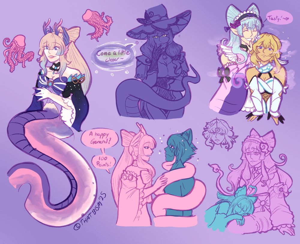 A variety of doodles of women from Genshin Impact. Far left is Sangonomiya Kokomi in the form of a Sea Serpent Naga, with Coral-esque horns, finlike ears and a pink, purple and white tail.
The purple silhouette in the Top centre is Lisa as a naga with spiralling eyes saying “come a little closer” with a coy smile.
The small line art head doodle is of Lumine with a dazed expression watching a pendulum. The far right corner is of Mizuki Yumemizuki saying “Tasty” as hypnotic smoke swirls around Lumine, implying Lumine’s dream is being eaten.
Far bottom right is of Mizuki and Kirara, with Kirara sleeping on Mizuki’s lap from the effects of hypnosis. 
Centre bottom is of Sea Serpent Kokomi entrancing Gorou as he has a blissed out expression and moans contently In kokomi’s coils. Kokomi says “A happy General? 100 points!”