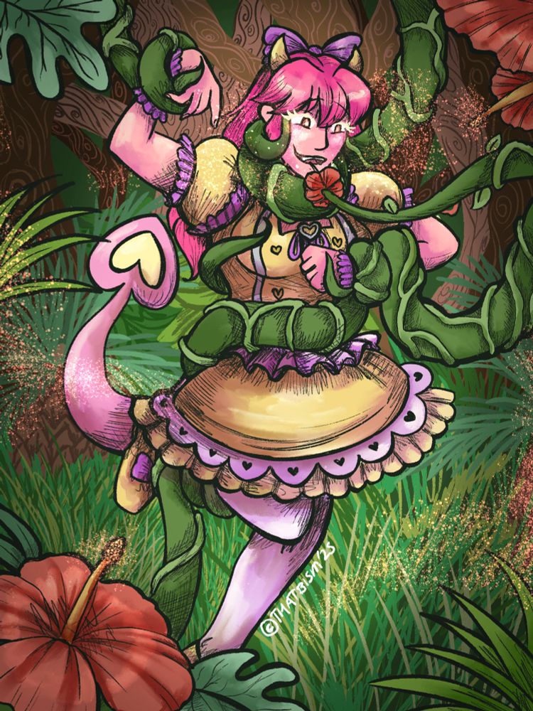 Viv is in her yellow and pink Magical Girl Form and currently within a very dense forest/jungle. A thick plant vine is around her waist, wrist and neck. She has a dazed and happy expression with some pollen blowing into her face