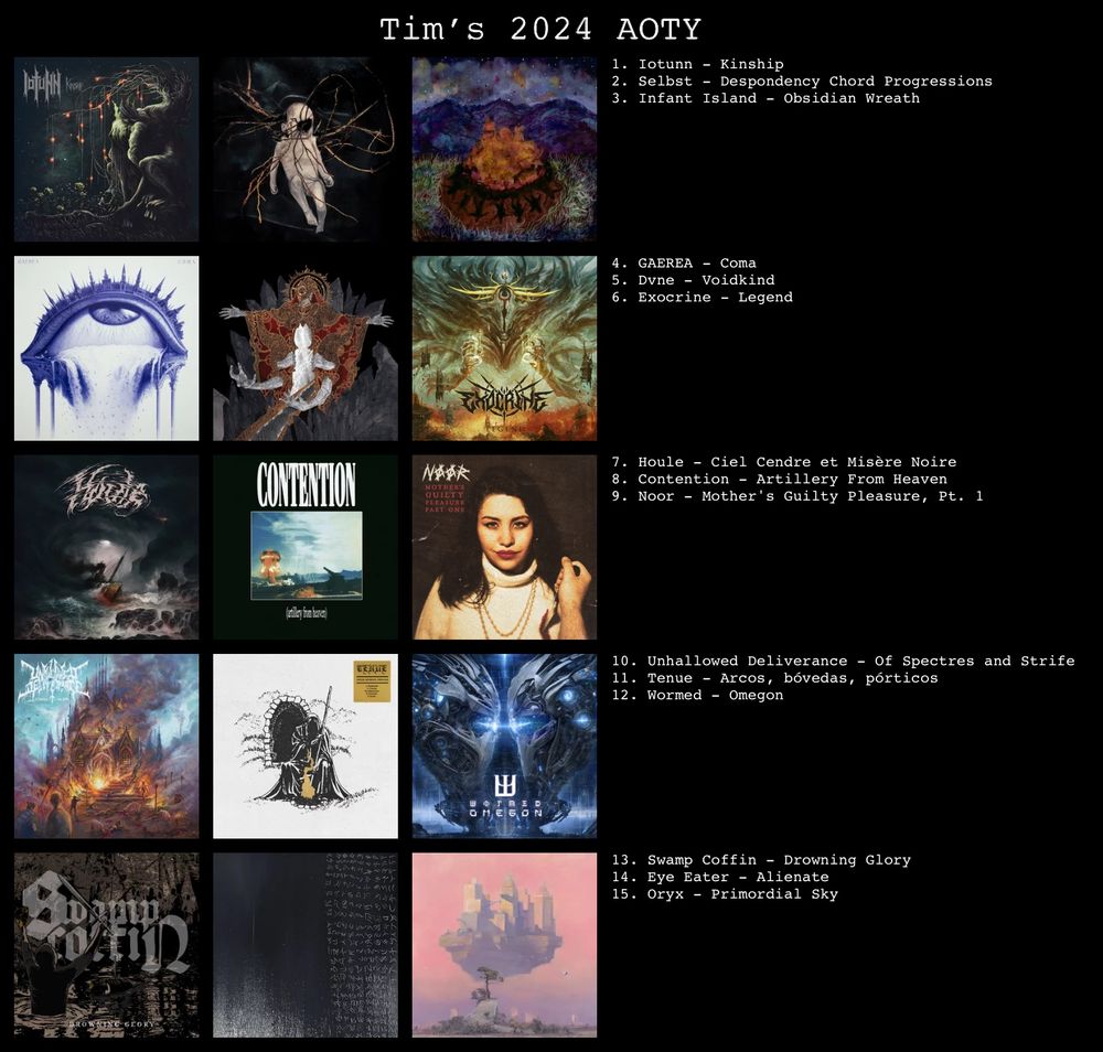 Iotunn - Kinship
Selbst - Despondency Chord Progressions
Infant Island - Obsidian Wreath
Gaerea - Coma
Dvne - Voidkind
Exocrine - Legend
Houle - Ciel Cendre et Misère Noire
Contention - Artillery from Heaven
Noor - Mother's Guilty Pleasure Part One
Unhallowed Deliverance - Of Spectres and Strife
Tenue - Arcos, bóvedas, pórticos
Wormed - Omegon
Swamp Coffin - Drowning Glory
Eye Eater - Alienate
Oryx - Primordial Sky