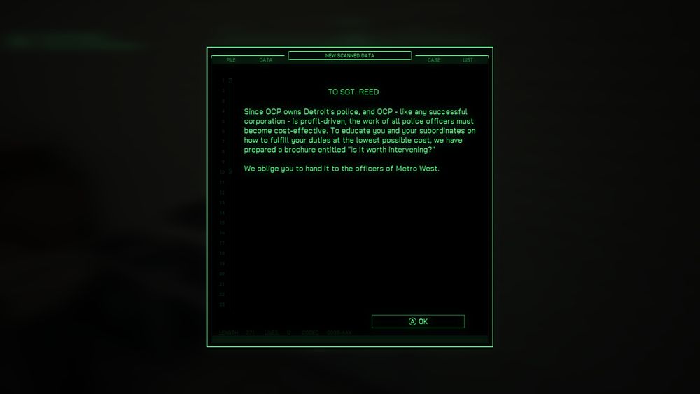 Зняток зі гри робокоп. Це записка. У ній йдеться що поліцією Детройта володіє компанія, а тому поліція повинна бути економічно вигідна