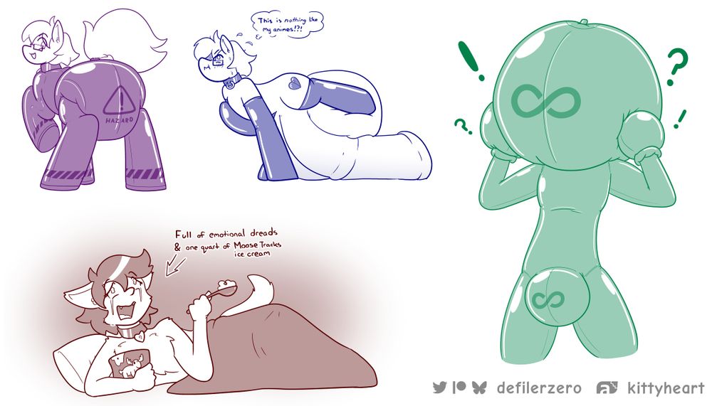 A collection of sketches. First is Rubber Heart is a rubber catsuit and a massive diaper underneath with a hazard signage on his rear. Second is Rubber Heart dragging a hyper penis and balls, struggling to move forward with it. Third sketch is an unknown person in a rubber catsuit with ballmitts on their hands and a massize ballhood and a nulge with an infinity symbol on it. Their appears shocked and confused. Last sketch is Kittyheart under the cushions with a container of Moose Track ice cream and a spoon. Their are in anguish and filled with emotions.