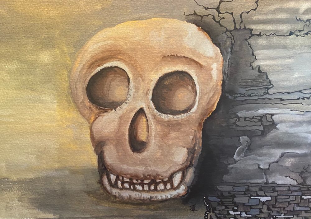 Supposed to be a painting of a replica of Lucy’s skull. Maybe the vampire version of Lucy is more accurate 