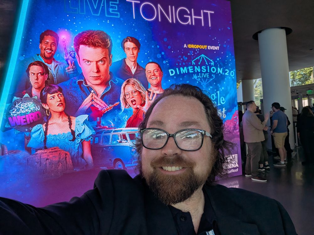 Me (wearing brand new glasses) at Dimension 20 Live